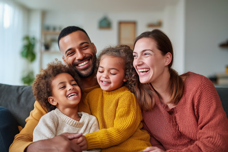 A happy black father, white mother, and their two biracial children share a beautiful, candid moment of love and happiness. A modern, diverse family.の素材