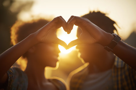 A silhouette of a couple making a heart shape with their hands, framing the beautiful golden sunset in the background, symbolizing love and romance.の素材