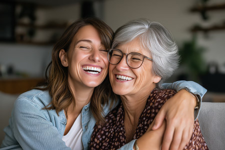 A happy adult daughter and her elderly mother share a joyful moment, laughing with their eyes closed and hugging tightly while sitting on a sofa at home.の素材