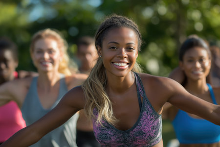 A beautiful and fit young African American woman is smiling at the camera while leading a diverse group of people in an outdoor yoga or fitness class.の素材