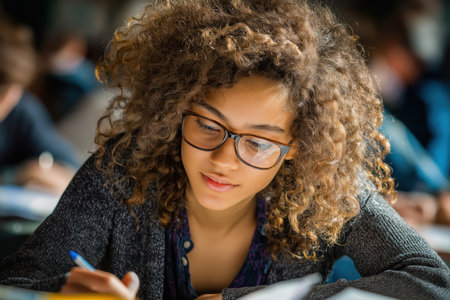 A close-up of a beautiful and intelligent young female student with curly hair and glasses, concentrating as she writes during a class or exam.の素材