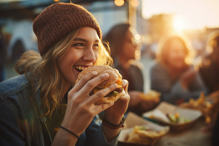 A joyful young woman in a beanie hat laughs as she takes a bite of a large, tasty burger while sitting with friends at an outdoor food festival at sunset.の素材
