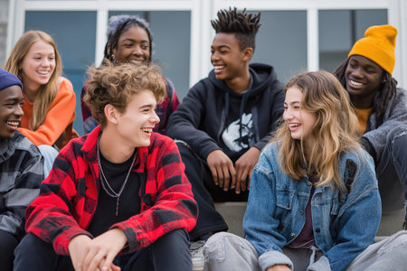 A cheerful and multicultural group of teenage boys and girls sits together outdoors, laughing and enjoying a lively conversation, showcasing youth and friendship.の素材