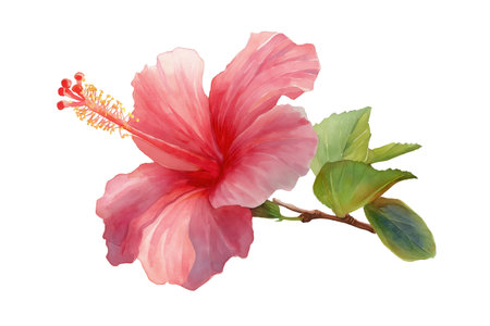 A single, delicate pink hibiscus flower in full bloom on a branch with green leaves. A beautiful hand drawn watercolor isolated botanical illustration of a tropical flower.の素材