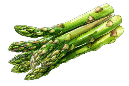 A neat bundle of fresh green asparagus spears, ready for cooking. A healthy hand drawn watercolor isolated food illustration perfect for gourmet food designs.の素材