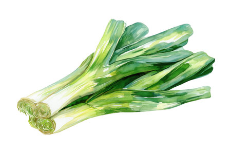 A bunch of fresh leeks with white bases and long, green leafy tops. A savory hand drawn watercolor isolated food illustration for soups, stews, and roasts.の素材