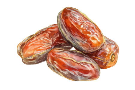 A small pile of four sweet and chewy dried date fruits with wrinkled skin. A healthy hand drawn watercolor isolated food illustration for natural energy snacks.の素材