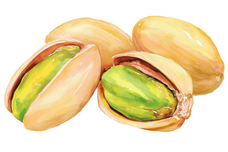 A small pile of roasted and salted pistachios, some in their open shells. A delicious hand drawn watercolor isolated food illustration for healthy snacking.の素材
