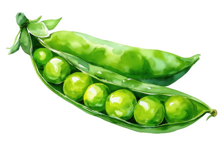 A single, crisp green pea pod opened to show a row of perfect, round peas. A classic hand drawn watercolor isolated food illustration for spring and garden themes.の素材
