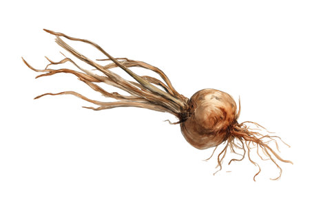 A single rustic onion bulb with dry stems and intricate roots. This detailed hand drawn watercolor isolated food illustration is perfect for culinary themes.の素材