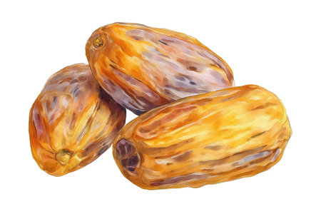 A small cluster of three sweet, wrinkled dried date fruits. This delicious hand drawn watercolor isolated food illustration is perfect for healthy snack designs.の素材