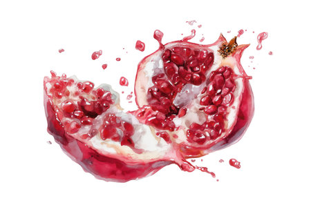 A ripe red pomegranate split open with juice and seeds splashing out. An energetic hand drawn watercolor isolated food illustration full of vibrant detail.の素材