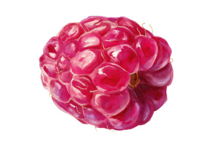 A macro illustration of a single, ripe, and juicy red raspberry with fine details. A sweet hand drawn watercolor isolated food illustration for berry lovers.の素材