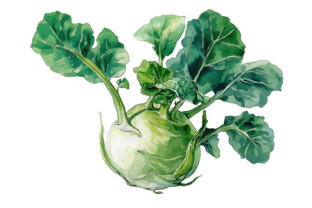 A whole green kohlrabi bulb with large, fresh leaves extending from the top. A unique hand drawn watercolor isolated food illustration of a German turnip.の素材
