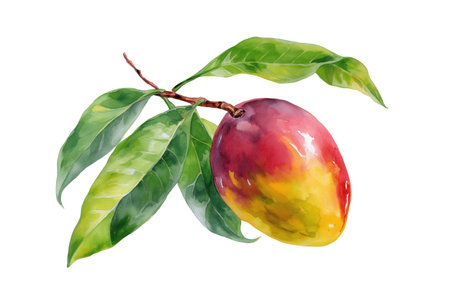 A single, colorful mango with red and yellow skin, hanging from a branch with leaves. A tropical hand drawn watercolor isolated food illustration for juicy designs.の素材