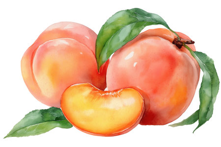 A composition of whole juicy peaches with green leaves and a fresh slice. A sweet hand drawn watercolor isolated food illustration perfect for summer designs.の素材
