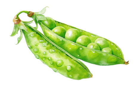 Two bright green pea pods, open to show the peas inside and covered with water drops. A fresh hand drawn watercolor isolated food illustration for spring recipes.の素材