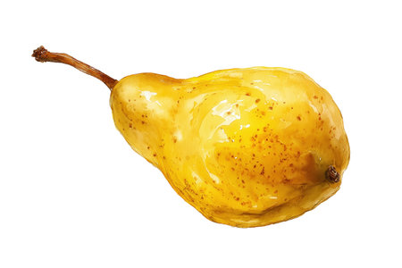 A single, ripe yellow pear with a glossy, speckled skin and a long stem. A classic hand drawn watercolor isolated food illustration for still life and food art.の素材