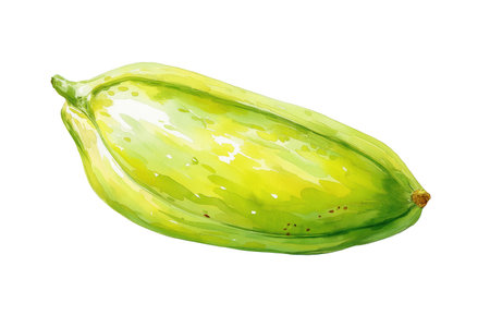 A single, whole unripe green papaya, showing its smooth skin and elongated shape. A tropical hand drawn watercolor isolated food illustration for various cuisines.の素材