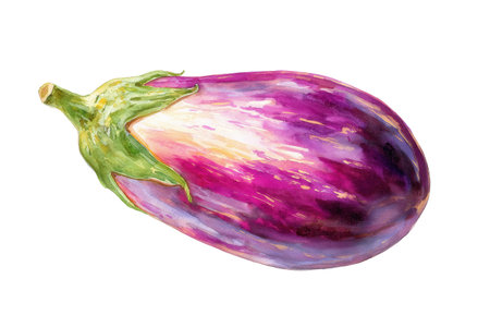 A beautiful hand drawn watercolor painting of a striped purple and white aubergine. An isolated food illustration perfect for culinary or garden themes.の素材
