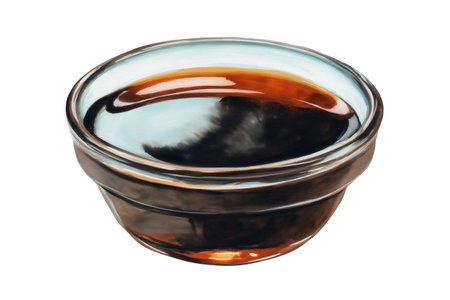 A small glass bowl filled with dark, glossy soy sauce. A savory hand drawn watercolor isolated food illustration for Asian cuisine and restaurant menus.の素材