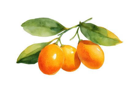 A cluster of three bright orange kumquats with green leaves on a small branch. A zesty hand drawn watercolor isolated food illustration of a unique citrus fruit.の素材