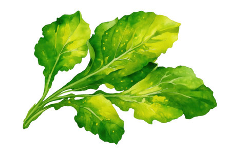 A bunch of fresh arugula, or rocket, leaves with a peppery flavor and yellow speckles. A gourmet hand drawn watercolor isolated food illustration for healthy salads.の素材