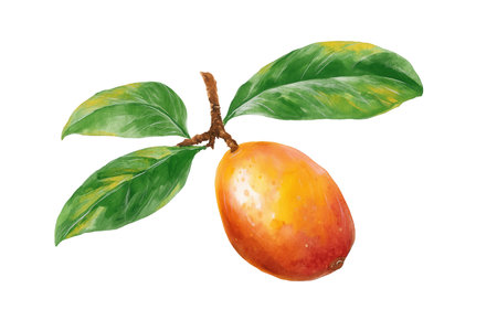 A single ripe loquat fruit hanging from a branch with several green leaves, in a soft, sun-kissed hand drawn watercolor. Isolated food illustration of a spring fruit.の素材