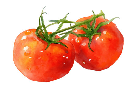 Two ripe, shiny red tomatoes with water highlights, still attached to the green vine. A classic hand drawn watercolor isolated food illustration for fresh food designs.の素材