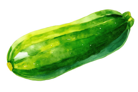 A fresh green zucchini, also known as a courgette, with light green stripes, in a simple hand drawn watercolor. Isolated food illustration for healthy recipes.の素材