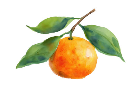 A single mandarin orange, or tangerine, on a branch with green leaves, painted in a bright and fresh hand drawn watercolor. Isolated food illustration for citrus fruit.の素材