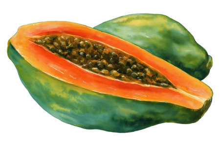 A papaya cut in half, showing its bright orange flesh and black seeds, in a vibrant hand drawn watercolor. Isolated food illustration for tropical fruit salads.の素材