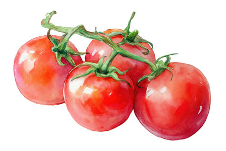 Four ripe red tomatoes clustered on the vine, captured in a classic and rich hand drawn watercolor. An isolated food illustration perfect for Italian cuisine.の素材