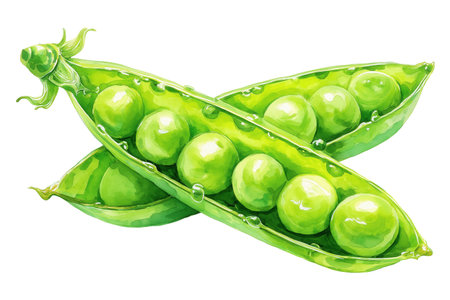Two open pea pods revealing rows of perfectly round green peas, with dew drops, in a detailed hand drawn watercolor. Isolated food illustration for spring themes.の素材