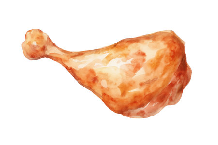A savory hand drawn watercolor illustration of a roasted chicken leg. This isolated meat food art is perfect for restaurant menus, food blogs, and recipe illustrations.の素材