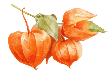 A delicate hand drawn watercolor illustration of a branch with physalis fruits. This isolated food art of cape gooseberries is perfect for unique dessert decorations.の素材