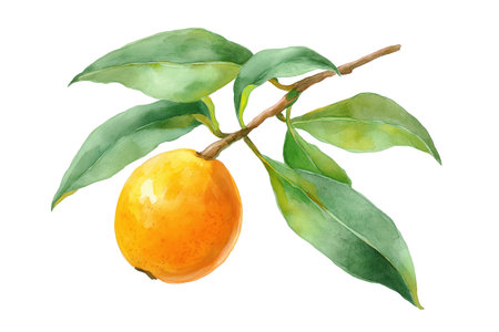 A charming hand drawn watercolor painting of loquat fruits on a branch. This isolated food illustration is perfect for botanical art prints and exotic fruit designs.の素材
