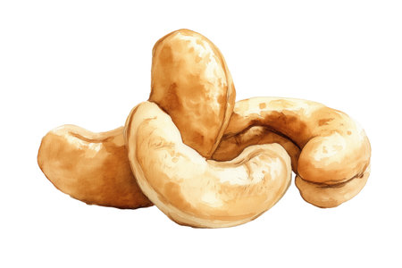A realistic hand drawn watercolor illustration of a pile of cashew nuts. This isolated food art is perfect for healthy snack packaging and vegan recipe websites.の素材