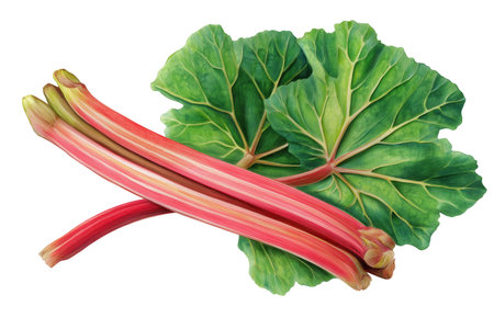 Vibrant red and pink rhubarb stalks with a large green leaf, used in desserts and pies. Hand drawn watercolor isolated food illustration for healthy eating.の素材