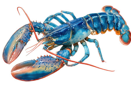 A stunning and rare blue lobster shown in full, a true gourmet seafood delicacy. Hand drawn watercolor isolated food illustration for luxury dining concepts.の素材
