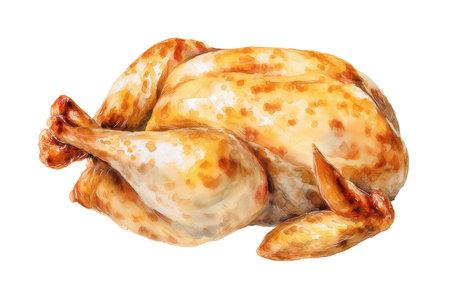 A perfectly roasted whole chicken or turkey with golden-brown, crispy skin, ready for carving. Hand drawn watercolor isolated food illustration for festive meals.の素材