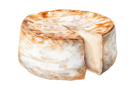 A whole wheel of soft Camembert or Brie cheese with its white rind, and one slice cut. Hand drawn watercolor isolated food illustration of French dairy.の素材