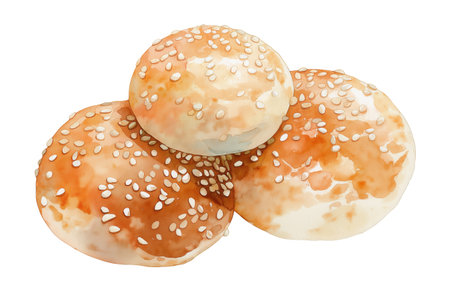 Three fluffy, golden-brown burger buns topped with a generous amount of white sesame seeds. Hand drawn watercolor isolated food illustration for bakery themes.の素材