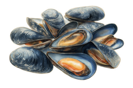 A pile of fresh, dark blue mussels, with some shells open showing the orange meat. Hand drawn watercolor isolated food illustration of classic shellfish.の素材
