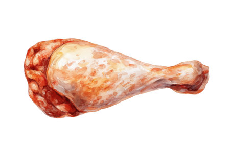 A single, uncooked chicken drumstick with pinkish skin, ready for seasoning and cooking. Hand drawn watercolor isolated food illustration for recipe books.の素材