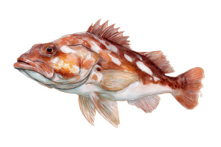 A detailed depiction of a red rockfish with white spots and spiny fins, a deep-sea fish. Hand drawn watercolor isolated food illustration of marine life.の素材