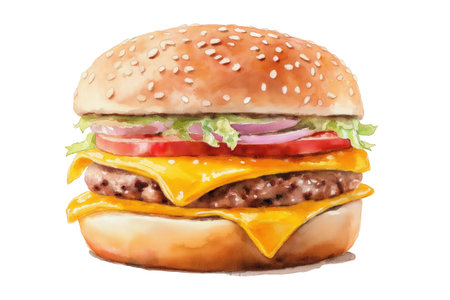 A tall double cheeseburger with two beef patties, melted cheese, lettuce, tomato, and onion. Hand drawn watercolor isolated food illustration of a hearty meal.の素材