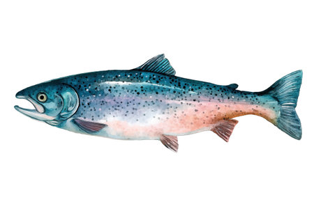 A beautiful depiction of a whole salmon or trout fish with silvery-blue skin and pink tones. Hand drawn watercolor isolated food illustration for fish markets.の素材