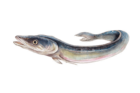 A long, slender, eel-like fish with blue and silver coloring, a unique seafood choice. Hand drawn watercolor isolated food illustration of an aquatic creature.の素材