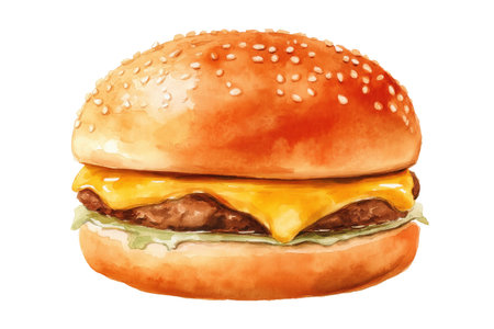 A delicious hand drawn watercolor of a classic cheeseburger. This isolated fast food illustration is perfect for burger joint menus and food truck advertising.の素材